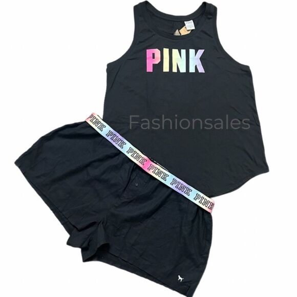 Victorias Secret Pink Set oversized Tank top XL & logo waist shorts black XXL - Picture 1 of 9